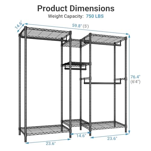 VIPEK Classic V6 Medium Heavy Duty Clothes Rack, 7-Tier Garment Rack with Adjustable Shelves, Portable Closet with 4 Hanging Rods, Space-Saving, 750lbs Capacity, 59.8" L x 14.6" W x 76.4" H, Black - Thumbnail 2