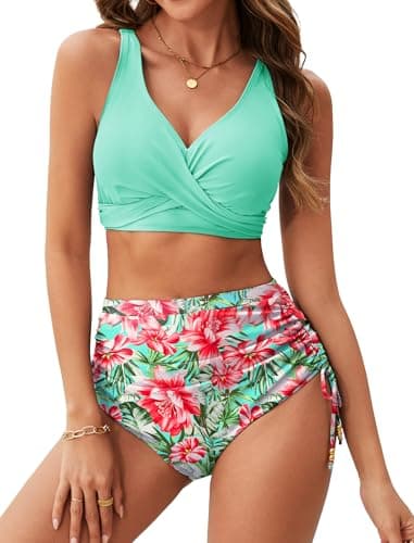 Arolina Ladies Two Piece Swimsuit Twist Front V Neck Bathing Suits High Waist Retro Bikini Swimwear Lake Green Flowers Small - Image 1