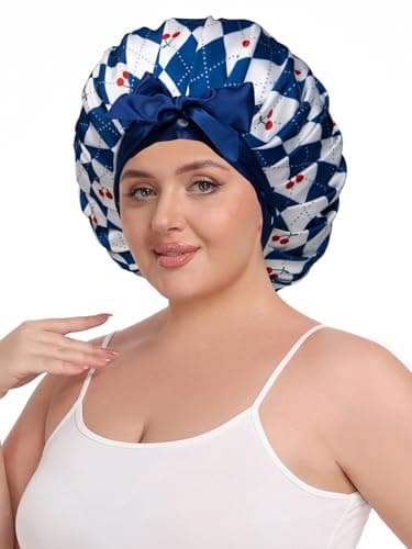 Vettres Pleated Silk Sleeping Bonnet with Eye Mask Double Layer Satin Hair Bonnets Sleep Cap for Curly Natural Hair Blue White Cherry - Thumbnail 3