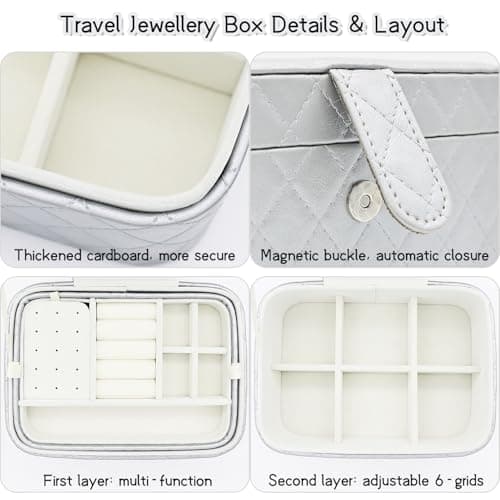 Cuifdem Jewelry Travel Case, 2-Layer Jewelry Box Organizer Medium Jewelry Travel Box, Portable Faux Leather Jewellery Storage Boxes with Argyle for Women, Daily Jewellery Case Home Use (Silver gray) - Thumbnail 3