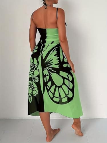 Women Butterfly Floral Beach Cover Up Dress Backless Sarong Wrap Adjustable Strap Swimsuit Coverup (Green, S) - Thumbnail 4