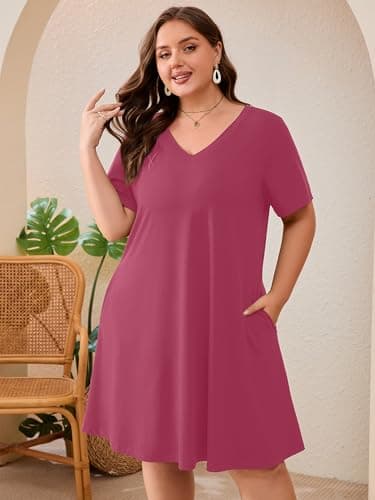 AusLook Plus Size Midi Dress for Women Purple Red 2X Short Sleeve Loose V Neck Summer Casual A Line Knee Length Work Outfit T Shirt 2026 Sundresses with Pockets - Thumbnail 2