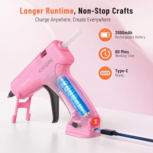 Katerk 3.7V Cordless Hot Glue Gun Kit, 90s Fast Heating, Mini Glue Gun with 15 Glue Sticks, USB-C Rechargeable with 2000mAh Built-in Battery, Ideal for DIY, Gift Making, School Crafts & Repairs (Pink) - Thumbnail 4