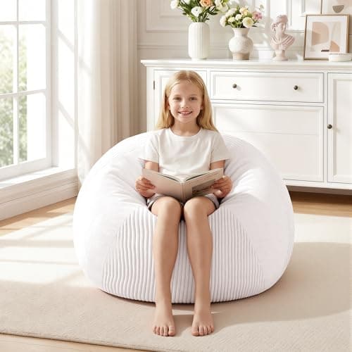 Homguava 2FT Bean Bag Chairs Teardrop BeanBag Chair Comfy Memory Foam Bean Bags for Teens Two-Tone Distressed Velvet & Corduroy Washable Cover for Living Room, Home (Distressed Velvet, White) - Image 1