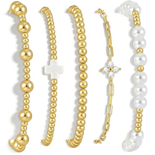 17 MILE Gold Beaded Bracelets for Women Non Tarnish, 14K Gold Plated Chunky Paperclip Chain Bracelet, Pearl Stackable Bangles, Cross Bead Ball Bracelet Stack - Image 1