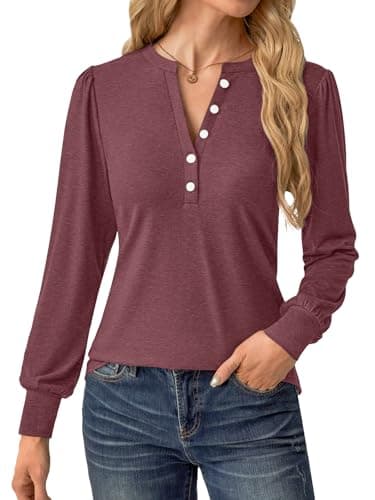 GKBK Women's Puff Long Sleeve Tunic V Neck Button Blouses Fall Tops Trendy Dressy Casual Business Henley Shirts Wine Red S - Thumbnail 6