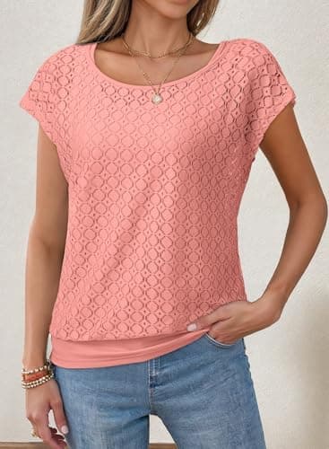 Dokotoo Womens Crochet Shirts Summer Tops for Women 2026 Fashion Trendy Crewneck Short Sleeve Shirts Ladies Tops and Blouses Casual Beach Vacation Clothes Two Piece Set Cute Coverup Pink - Thumbnail 4