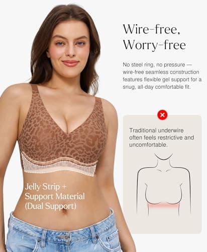 Popilush Push Up Bras for Women - Seamless No Underwire Plunge Deep V Bralette with Adjustable Straps Everyday Comfortable T-Shirt Bra Leopard Brown - Thumbnail 2