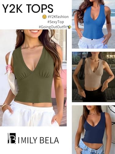 Imily Bela Women's Sexy Plunge Deep V Neck Going Out Tank Top Summer Sleeveless Slim Fitted Workout Tops Grey - Thumbnail 5