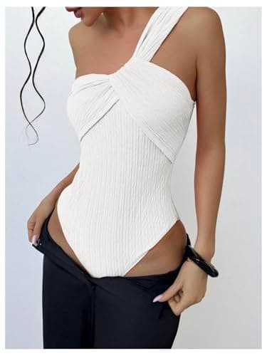 GORGLITTER Women's Twist Front One Shoulder Bodysuit Sleeveless Backless Asymmetrical Neck Tank Top Jumpsuits White Medium - Thumbnail 3