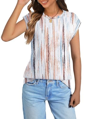 NORACORA Printed Tops for Teachers School Outfits Cap Sleeve Shirts for Women Spring Summer 2026 Fashion Clothing Trendy Shirt Early Fall Fashion Tie Dye Brown/Blue S - Thumbnail 2