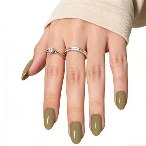 Khaki Press On Nails,Medium Soft Gel Oval Fake Nail Kit With Nail Glue,30-Piece-15 Sizes Durable Reusable Press On Nails for Women Gift(light khaki) - Thumbnail 2