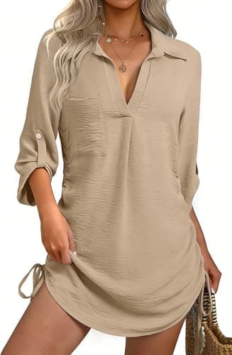 GKBK Women Swimsuit Coverup Bathing Suit Cover Ups for Swimwear Swim 2026 Summer Bikini Beachwear Drawstring Beach Dress Shirt Sundresses Casual Clothes Fashion Trends Apricot XL