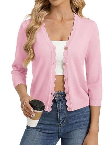 GRACE KARIN Pink Cardigan for Women Cropped 3/4 Sleeve Lightweight Bolero Shrugs Open Front Dressy Casual Top Spring Clothes - Image 1