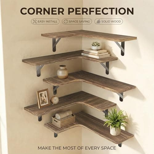 ZOESEEK Corner Floating Shelves, Set of 5 L-Shape Wood Wall Mounted Shelves for Bathroom Kitchen Bedroom Living Room Laundry Room Home Decor, Wood Corner Shelves Rustic Brown - Thumbnail 4