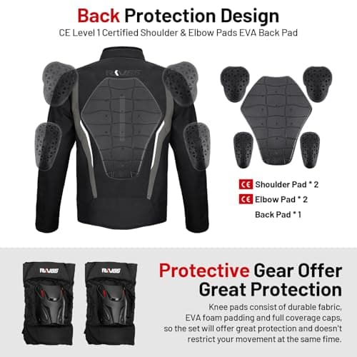 RKV86 Mens Motorcycle Jacket with Detachable Thermal Liner & Knee Pads CE Armored Riding Jacket Water-Repellent Windproof for All Season (Black-Grey 2XL) - Thumbnail 3