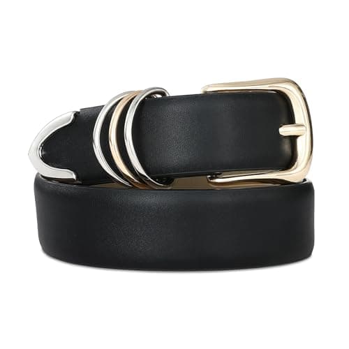 RISANTRY Women's Leather Belts for Jeans Dresses,Black Leather Waist Belt Gold and Silver Accessories with Gold Buckle - Image 1