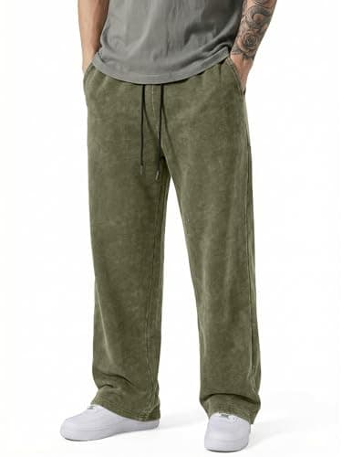 JMIERR Men's Casual Pants Acid Washed Baggy Oversized Cotton Wide Leg Drawstring Gym Streetwear Sweatpants with Pockets S, Jungle Green - Image 1