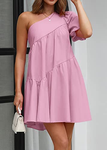 KIRUNDO Summer One Shoulder Mini Baby Doll Dresses Women 2026 Casual Puff Sleeve Loose Tiered A Line Flowy Short Dress(Pink, Small) - Thumbnail 2