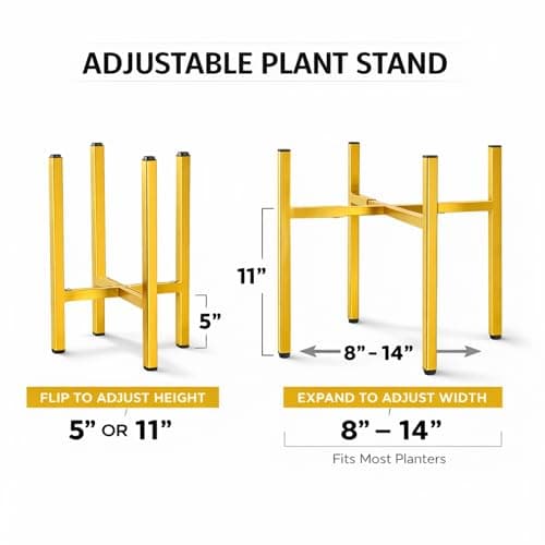 RAINBLELAND Gold Metal Plant Stand for Indoor Plants, Adjustable Heavy Duty Plant Stand Fits 8-14 Inch Pots, Modern Brass Flower Pot Holder with Anti-Scratch Feet, Mid Century Indoor Plant Stand - Thumbnail 3