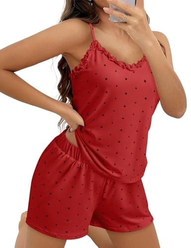 JUSTFASHIONNOW Cute Pajama Sets for Women Cami Shorts Two Piece Pajamas Set Matching Pj Polka Dots Sleeping Tank Tops Loose Fit Nightwear (Red,Medium) - Thumbnail 4