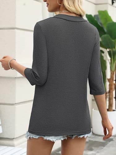 YESTTO Womens Tops 3/4 Sleeve V Neck Tunic Tops Casual Loose Fit Shirts Soft Lightweight Blouses Tees Black-Grey (XXL) - Thumbnail 5