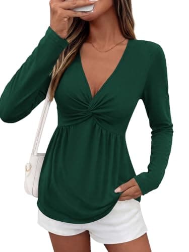 BTFBM Babydoll Tops for Women 2026 Fall Fashion Twist Front V Neck Flowy Long Sleeve Blouses Dressy Casual Peplum Tops(Dark Green, Large) - Image 1