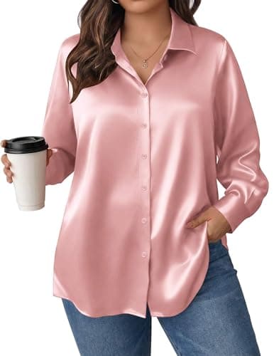 IN'VOLAND Plus Size Satin Blouses Women Button Down Business Casual Tops - Image 1