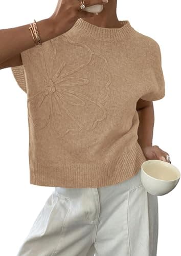 PRETTYGARDEN Women's 2026 Spring Sweater Vest Trendy Flower Knit Short Sleeve Cute Pullover Tank Tops Summer Fashion Clothing (Khaki,X-Large) - Image 1