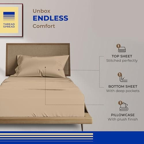 THREAD SPREAD 100% Egyptian Cotton Sheets Twin Size - 800 High Thread Count 3 PC Extra Long Twin Sheets for Dorm, 16" Deep Pocket Soft Cooling Sheet, Luxury Hotel Bedsheet set for Twin Size Bed, Taupe - Thumbnail 3
