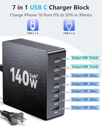 USB C Charging Station, 140W GaN III 7 Port Fast Charger Station, PD 3.0 USB Charging Station for Multiple Devices, USB Charging Hub, Multiple USB C Charger Station for iPad iPhone Samsung Android - Thumbnail 2