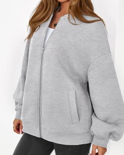 KIRUNDO Oversized Sweatshirt for Women Zip Up Bomber Jacket 2026 Fall Fashion Casual Long Sleeve Outerwear Winter Outfits(Grey, Large) - Thumbnail 4