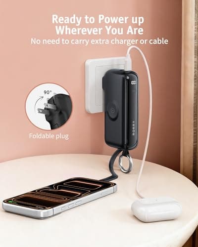 RORRY Flow Portable Charger, 10000mAh 40W Fast Charging Power Bank with Built-in USB C Cable and Foldable Wall Plug, Battery Pack Travel Essentials for iPhone 17/16/15, Apple Watch, iPad, MacBook - Thumbnail 6