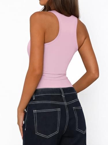 PINKMSTYLE Double Lined Scoop Neck Tank Top for Women Basic Sleeveless Summer Tops Slim Fit Workout Going Out Outfits Light Pink XX-Large - Thumbnail 4