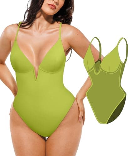 Popilush Tummy Control Swimsuits for Women Shapewear One Piece Underwire Swimsuit Deep V Neck Bathing Suits Summer Beach Pool Vacation Fruit Green - Image 1