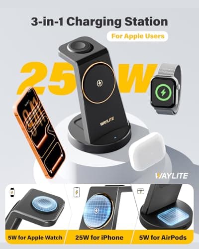 3 in 1 Fast Charging Station for iPhone, 25W Wireless Magnetic Phone Charger for iPhone 17 16e 16 15 14 13 12 Serise, Watch Charger Stand, Wireless Charging Station for AirPods 4 3 Pro, Dark Black - Thumbnail 3
