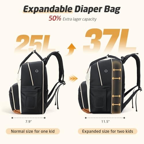 Tonyeee Diaper Bag Backpack - Extra Large Diaper Backpack for 2 Kids Twin, Travel Baby Bags for Mom Dad 25-37L Expandable with Changing Pad, Quilted Beige Black - Thumbnail 2