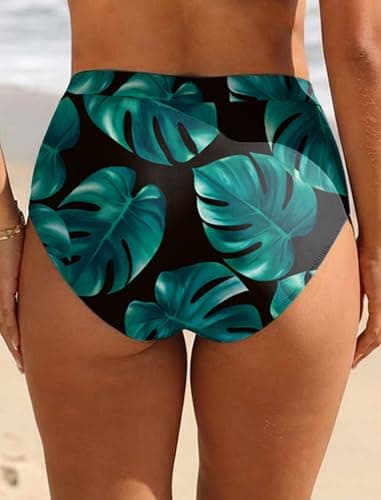 Arolina Women High Waisted Bikini Bottoms Full Coverage Bathing Suit Bottoms Tummy Control Tankini Bottoms Ruched Tropical Bikini Shorts Green Leaves - Thumbnail 2