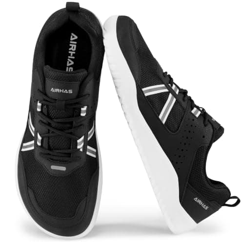 AIRHAS Men's Anatomical Toe Box Barefoot Shoes Zero Drop Breathable Gym Shoes for Men Minimalist Casual Shoes(Black/White, 14.0W)