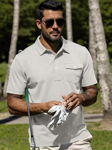 JEMLDL Mens Polo Shirt Quick Dry Short Sleeve Casual Summer Polo Tee with Pocket Classic Collared Golf Stylish Tops Light Gray XXL - Thumbnail 4