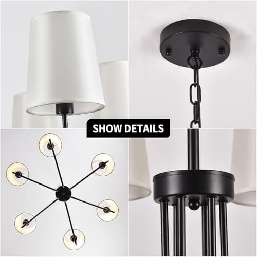 Omgomne Matte Black Farmhouse Chandelier with White Fabric Shades, 29.5” 6-Light Modern Dining Room Light Fixture, Minimalist Rustic Hanging Pendant Lamp for Kitchen Island, Living Room, E12 Base - Thumbnail 4