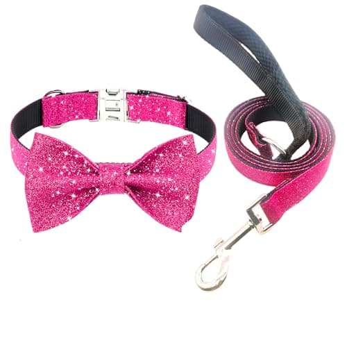 Jumpress Bling Bow Tie Dog Collar and Leash Set, Cute Pink Girl Dog Collar with 5ft Leash for Small Medium Dogs Daily Walking or Holiday Party (Hot Pink, Neck fit 13-19’’)