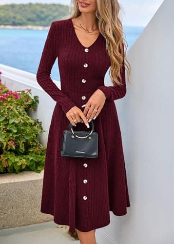 Lazysmile Long Sleeve Fall Winter Dresses for Women V Neck Button Down A Line Swing Casual Knit Sweater Dress Wine Red - Thumbnail 5