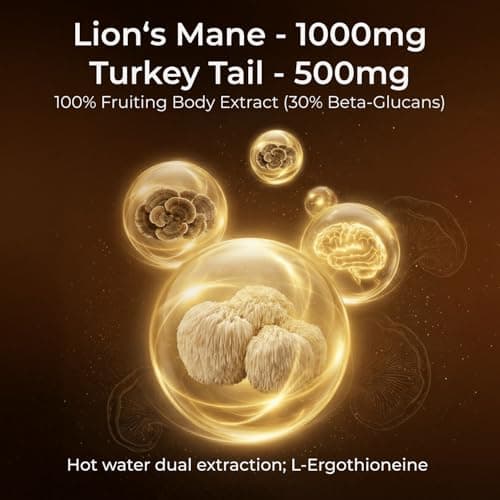 HojaSana Lion's Mane Supplement Capsules with Turkey Tail Mushroom, 30% Beta-Glucan, 100% Fruiting Body, Melena de Leon for Brain Health, Focus, Memory & Immune Support, 90 Vegan Gluten-Free Capsules - Thumbnail 2