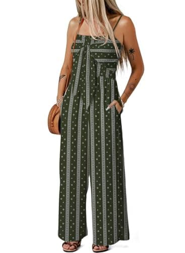 Dokotoo Jumpsuits for Women 2025 Fashion Spaghetti Strap Womens Oversized Boho Overalls Loose Casual Wide Leg One Piece Sleeveless Printed Jumpsuit Long Pant Rompers with Pockets,Green-Striped X-Large - Thumbnail 2