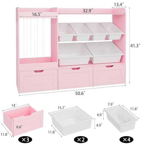 VortinT 50.6" W Large Toy Organizer, Kids Toy Storage with Stuffed Animal Holder, 6 Removable Plastic Bins, 3 Rolling Boxes, Wooden Toddler Bookshelf Organization for Kids Room, Living Room(Pink) - Thumbnail 2