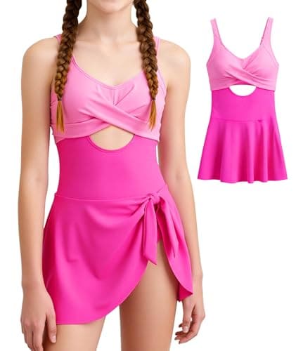 MFAVIP Girls One Piece Swimsuits, Girls Bathing Suits Pink Ruffle Swimsuit with Removable Pads and Adjustable Straps Size 9-16 - Image 1