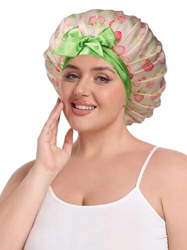 Vettres Pleated Silk Sleeping Bonnet with Eye Mask Double Layer Satin Hair Bonnets Sleep Cap for Curly Natural Hair Pink Green Strawberries - Thumbnail 3