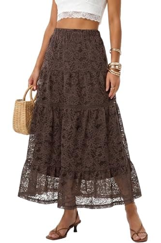 Ystguic Women's Casual Summer Spring Boho Lightweight Midi Skirt Ladies Lace Embroidery Ruffle High Empire Waist Elasticated A Line Flowy Beach Skirts Large Coffee YG086 L - Image 1