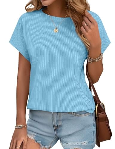 JUSTFASHIONNOW Womens Short Sleeve Blouses Business Casual Tops Crew Neck Basic Tees Textured Work Shirts Cute Office Outfits(Sky Blue,L) - Thumbnail 2